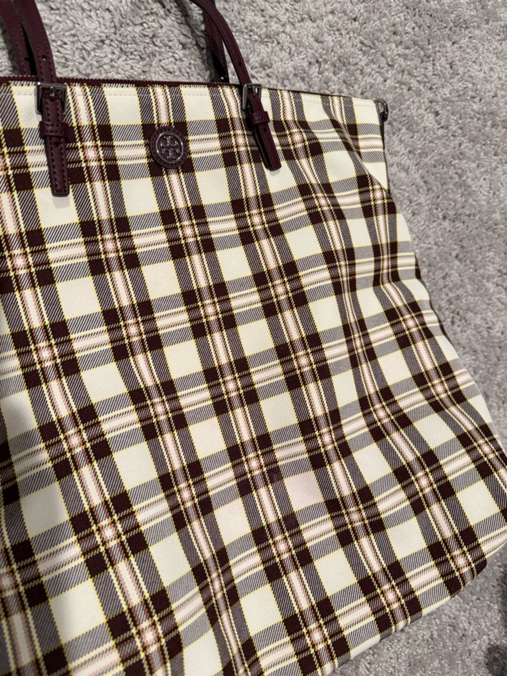 Tory Burch Cream and Brown Plaid Tote with Burgundy Straps